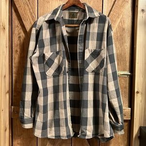 Vintage St Johns Bay Button Up Flannel Shirt Olive Green Checkered Size LT Large